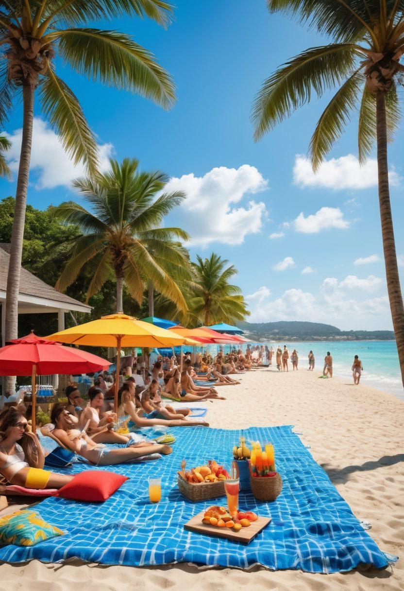 A vibrant summer scene depicting a sunny beach with people playing beach volleyball, colorful umbrellas, and a picnic setup in the foreground. In the background, transition to a luxurious poolside area where friends are lounging on sunbeds, sipping tropical drinks, and enjoying the sun. Bright blue sky with fluffy white clouds adds to the summer vibe. The blending of beach and pool elements captures the essence of summer adventures. super-realistic. vibrant colors.