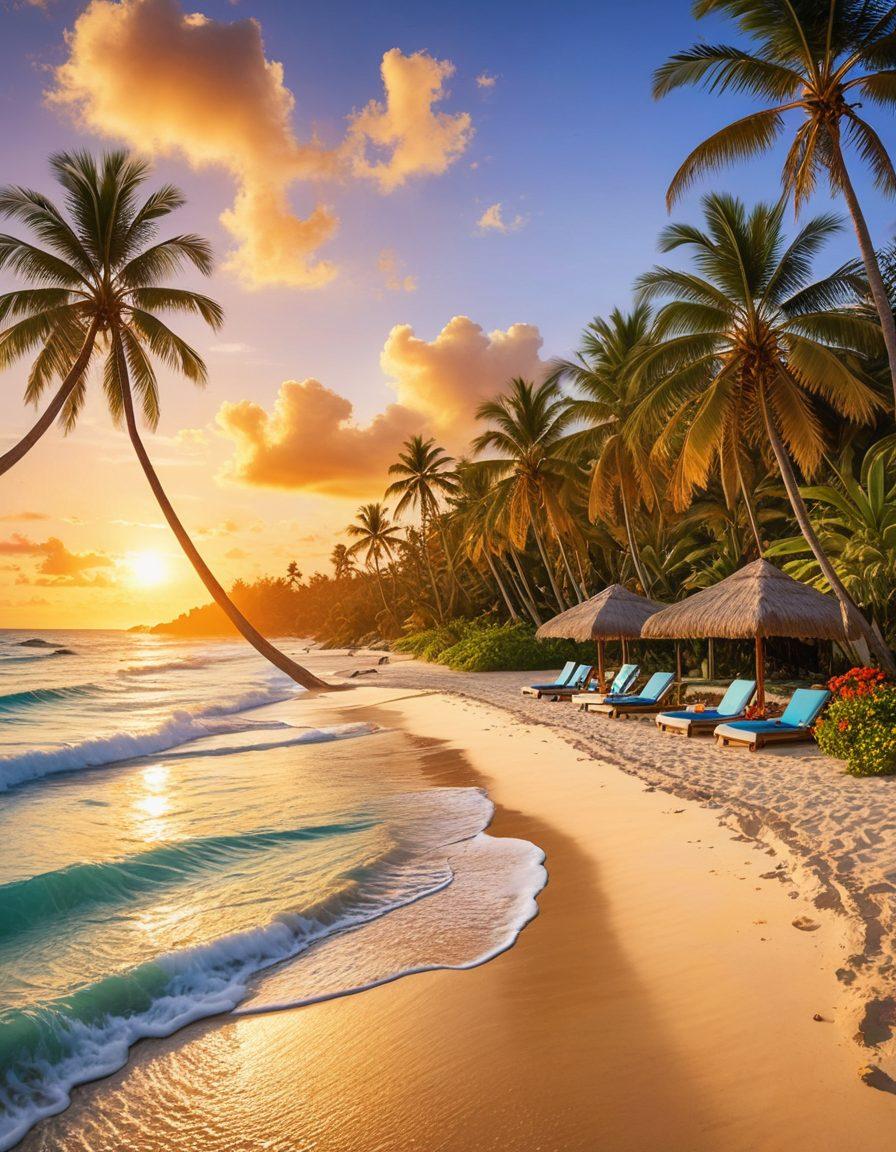 A stunning beach scene featuring a family enjoying a luxurious resort, complete with palm trees and vibrant flowers. Children playing in the sand, while adults relax under a shaded cabana with cocktails. A clear blue ocean waves gently in the background, showcasing a picturesque sunset. The overall atmosphere is warm and inviting, emphasizing both relaxation and joy. tropical, super-realistic, vibrant colors.