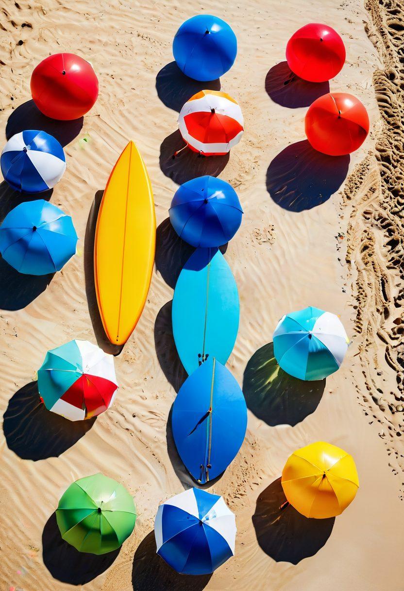 A vibrant summer scene featuring a diverse group of friends enjoying a beach adventure, showcasing various stylish bikinis. Crisp blue ocean waves crashing in the background, colorful beach umbrellas scattered across the sandy shore, and a clear sky filled with sunlight. Add playful beach accessories like surfboards and beach balls to enhance the lively atmosphere. Illustrate an aura of joy and freedom, embodying the spirit of summer. super-realistic. vibrant colors. cheerful tones.